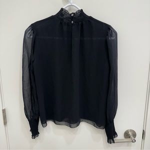 Aritzia Valencia Black Sheer Long-Sleeve Smocked Collar Blouse